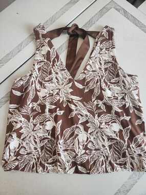Lands' End Brown and White Floral Halter Tank Top